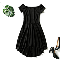 One-word shoulder black dress foreign trade autumn female Princess front short back long waist thin word collar shoulder shoulder short skirt
