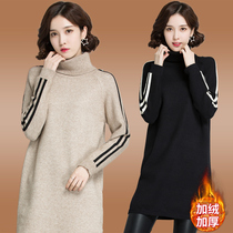High collar big sweater women 2021 new ladies plus velvet long knitted loose stripes thick base shirt winter