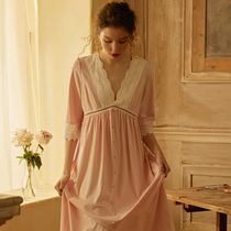 Chenxi original Palace wind nightgown women long deep V small sexy knitted cotton home clothing pajamas summer thin autumn