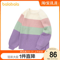 Balabala girl sweater 2020 new autumn and winter childrens knitwear Womens Big children wide stripes color pullover