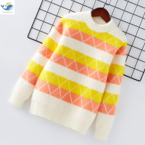 Girls foreign style stitching stripe sweater 2021 autumn and winter new childrens clothing cute baby loose pullover sweater tide