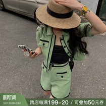 deessesicile Korean version of womens group Wind Fried Street Green Coarse Flowers Coats Shorts Trendy Little Fragrant Suit Women
