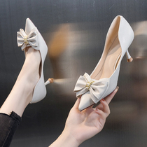 High heel shoe children 2022 New summer fine heel with pointed shallow mouth butterfly knot net red One foot pedal single shoe