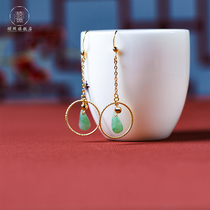 Shuozhao national wind design plated 14K gold emerald water drop earrings Ear hook temperament face thin earrings women