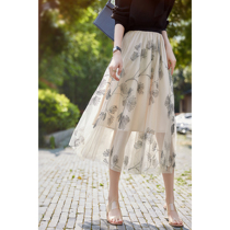 Japanese exquisite embroidery mesh skirt womens summer 2021 new medium-long thin pleated yarn skirt fairy skirt