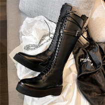 Thick bottom plus velvet high boots women's 2021 autumn and winter new leather lace-up knight boots motorcycle boots muffin martin boots