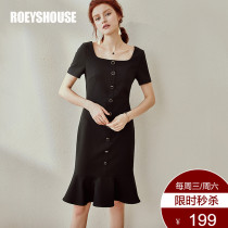 Luo Yi intellectual short-sleeved dress 2019 summer new temperament square collar black slim mid-length skirt 00161