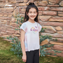 Li Ning childrens wear short-sleeved running T-shirt girls tops new running teenagers summer print sportswear