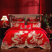 Cotton tribute satin embroidery wedding four-piece red Chinese cotton wedding new House bed eight pieces ten pieces multi-piece set
