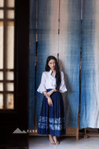 Wutu Wusheng recommends hand-painted Joker long skirt Butterfly Dance] plant indigo handmade Maple dyed half waist pleated skirt