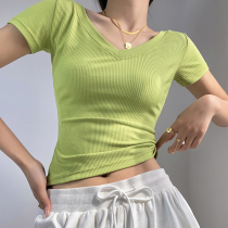 Fitness girl slim thread sports short sleeve tight sexy V collar quick dry T-shirt stretch yoga suit top summer thin