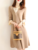 JOLIMENT wool knitted dress women 2020 new autumn winter socialites temperament bow collar Medium-length dress