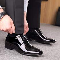 Men business suit black lacquer leather shoes pointed shoes