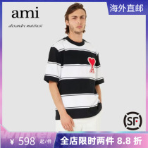 Ami Paris Spring Summer New Pint of Loose Stripes Male And Female Couples The Same Big Loving Embroidered Short Sleeve T-shirt