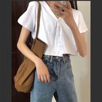 White short T-shirt loose V-neck short sleeve cardigan single-breasted top unnavel spring new Ouyang Nana with the same model