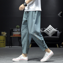 Pants Mens Summer Thin Casual Linen Pants China Wind Embroidered Cotton Linen 90% Pants Loose Straight Drum Large Size Kharen Pants