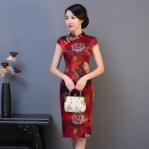 Peony red silk cheongsam Medium long mulberry silk cheongsam Wedding wedding mother cheongsam large size summer dress
