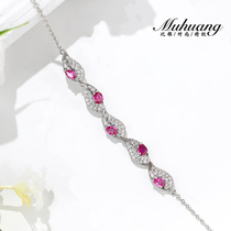 Mu Huang Jewelry a shop natural ruby color treasure s925 Sterling Silver Womens hand chain type elegant fresh leaf bracelet