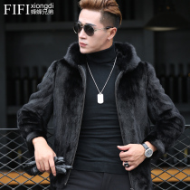 Trendy mink coat Mens hooded whole mink Haining fur mink fur grass winter leather short coat