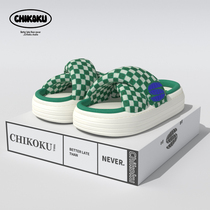 Chikoku Korean checkerboard grid cross linen slippers female ins thick bottom home with non-slip sweat four seasons hemp drag
