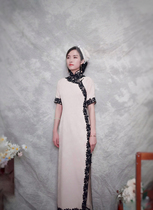 Fleeting custom (Ling Yu ) vintage Republic of China wind cotton jacquard black lace traditional daily long cheongsam