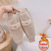 Children plus suede pants 2021 new winter clothing foreign air girls long pants autumn winter thickened outside wearing cotton pants warm long pants