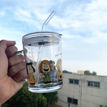 ins Cute Snoopy glass breakfast milk cup Daughter child heat-resistant high-value straw with lid with handle