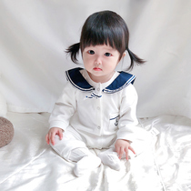 Korean childrens clothes baby clothes spring and autumn full moon male and female baby conjoined ha clothes newborn Navy wind out climbing clothes