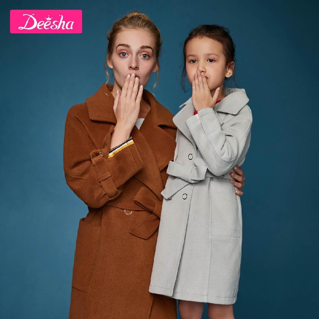 Deesha autumn and winter new girl baby parent-child coat girl solid color mid-length woolen coat coat