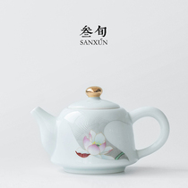 Three-year-old Qinglian teapot ceramic kung fu tea set single pot household with filter bubble teapot Chinese Handmade shadow green pot