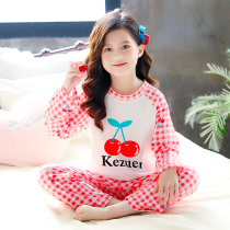 Childrens pajamas 2021 spring long-sleeved cotton middle and large childrens cute cartoon plaid girls baby home clothes set