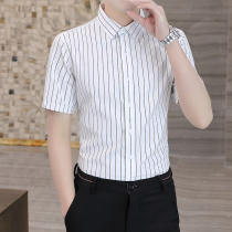 Summer mens short-sleeved shirt Korean version of the trend handsome striped shirt summer casual Ice Silk pendant inch shirt top