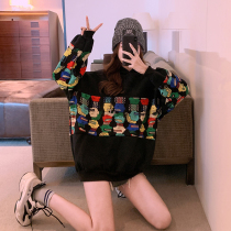 Tide brand long-length womens loose Korean version of lazy wind 2021 autumn and winter New hooded cartoon long sleeve shirt