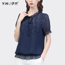 Snowspun Shirt Woman Short Sleeve Blouse 100 Hitch Slim Cover Tummy Shirt Temperament Splicing Lace Jersey 2022 Summer New