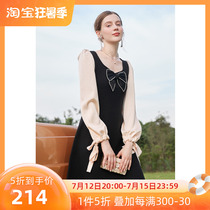 Three colours 2022 spring autumn new vintage square collar dress butterfly knot elegant temperament dummy two knit nepotism