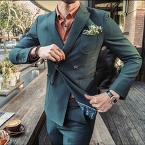 British style mens suit suit double-breasted Korean slim two-piece suit casual formal groom wedding dress tide