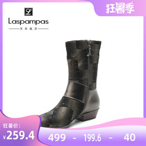 Laspampas 2019 Frosted Cowhide Velvet Mid-heel Flower Leather Chelsea Mid-barrel Boots