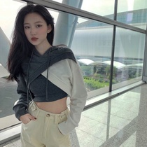Design niche die chuan half sweater coat female hot wind outfit color block hooded top two-piece suit-music of the tide
