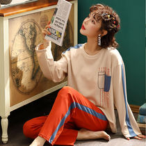 Pajamas womens long sleeves cotton spring and autumn can be worn outside Korean casual pullover ladies home clothes cotton autumn and winter suits