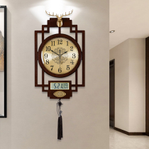 Atmospheric new Chinese living room wall clock with calendar Creative Chinese style clock Wall hanging wooden decorative hanging watch Quartz clock