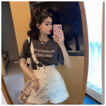 Strap pants women 2020 new fashion Korean version of loose white straight wide leg pants irregular high waist denim shorts