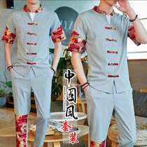 Summer new Chinese style suit men Chinese casual buckle Cardigan set of clothes short sleeve ankle-length pants two-piece set