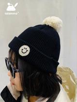 iiammo original design black and white color contrast embroidered smiley face knitted warm childrens fur ball hat