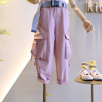 Brand childrens clothing 2019 autumn new girl Han Faner foreign style Joker with stretch pocket tooling casual jeans