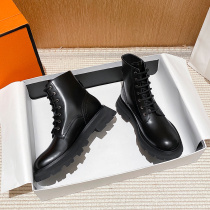 Hong Kong leather thick-soled Martin boots female autumn and winter 2021 New Inner height black lace-up short boots locomotive boots