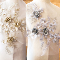 Gold and silver hand embroidered sequins lace flower beaded decals wedding dress decoration famous family style material