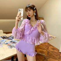 Conjoined swimsuit female Xia Xianqi conservative long-sleeved sunscreen with slim floral side student small breasts to woo spa swimsuit
