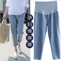 Pregnant Woman Pants Spring Cotton Linen Loose Straight Silo Western Dress Pants Summer Thinness Adjustable Beating Underpants 90% Short Subs