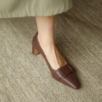 High heel shoe coarse heel 2022 Summer new French style genuine leather pointed temperament retro with soft bottom single shoe children