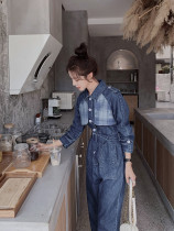 Tooling suit Womens fashion autumn plaid stitching fashion denim jumpsuit handsome casual temperament thin one-piece